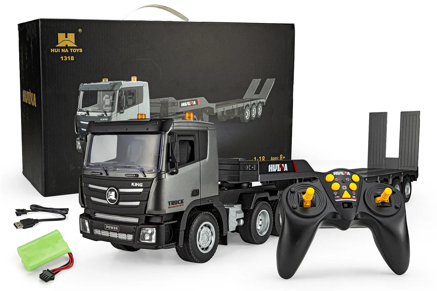 HuiNa RC 1318 RC Semi Truck Electric 4WD 1/24 Scale RTR with Flatbed Trailer - Silver