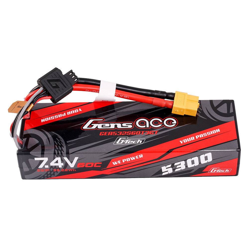 Gens ace 5300mAh 2S 7.4V 60C HardCase G-tech Lipo Battery Pack 24# with EC3 and Deans adapter for RC Car