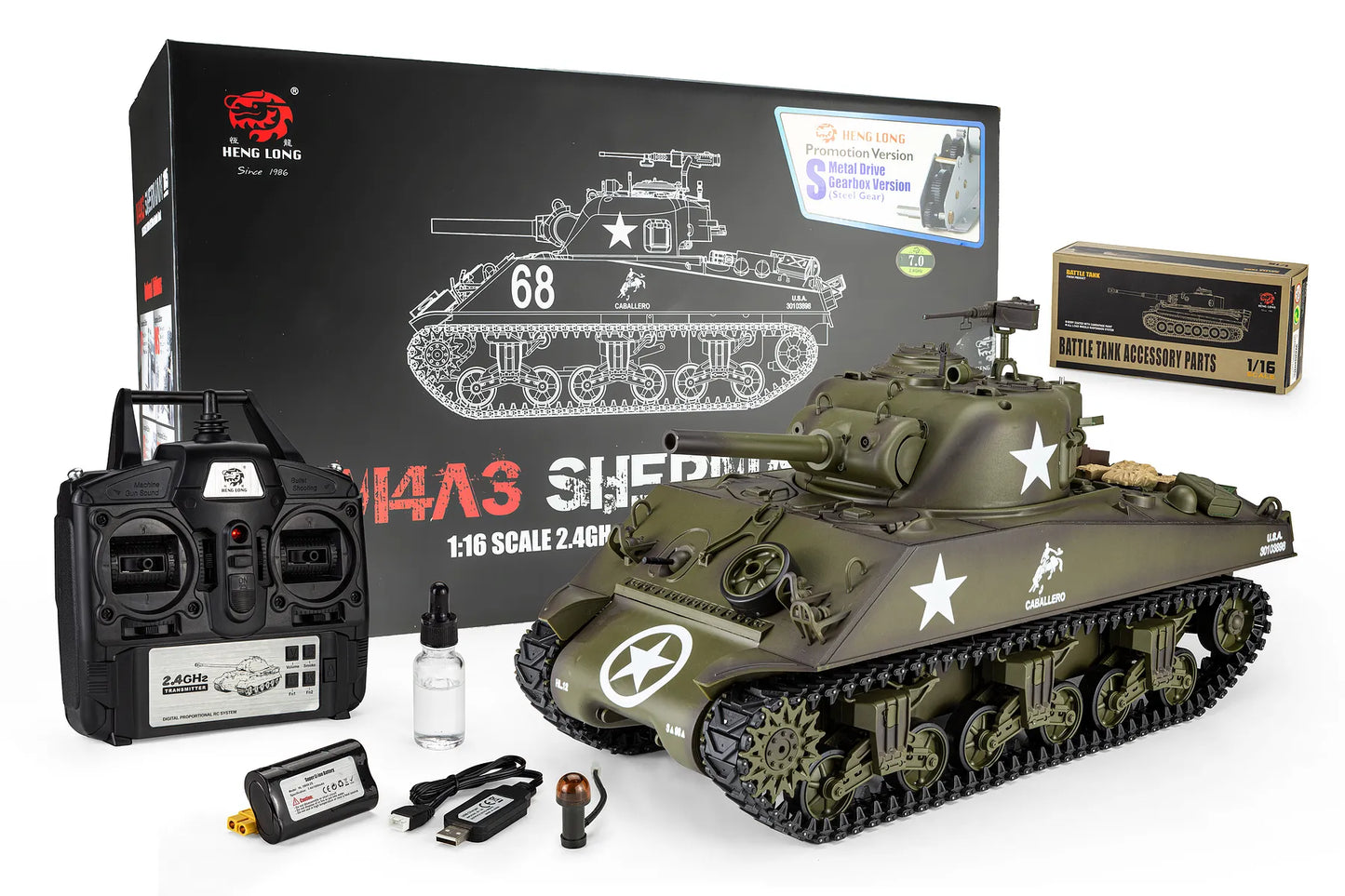 Heng Long USA M4A3 Sherman RC Tank Electric Tracked 1/16 Scale RTR