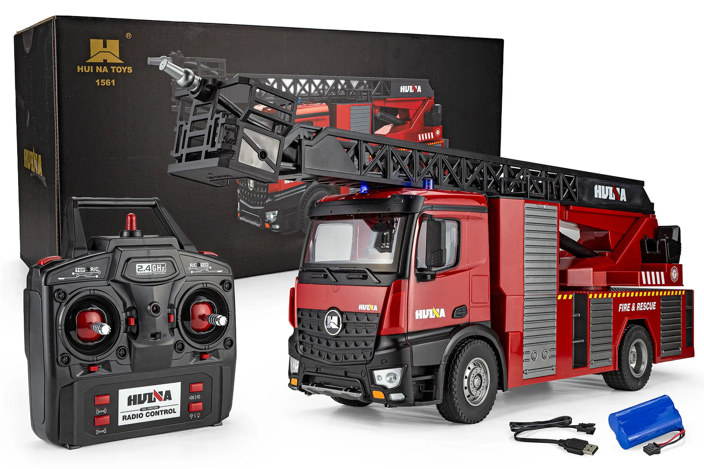 Huina RC Fire Truck with Water Cannon and Ladder RC Fire Truck Electric 2WD 1/14 Scale RTR