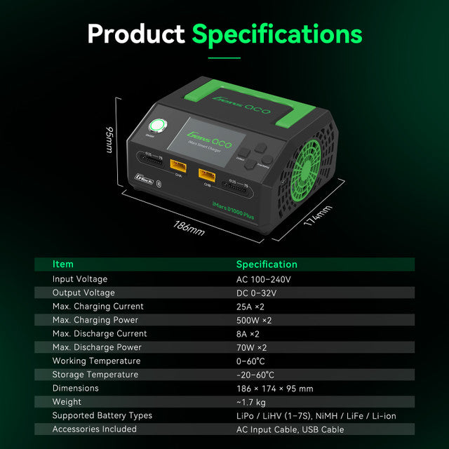 Gens ace iMars D1000 Smart Charger | Dual Channel | AC 1000W | G-Tech