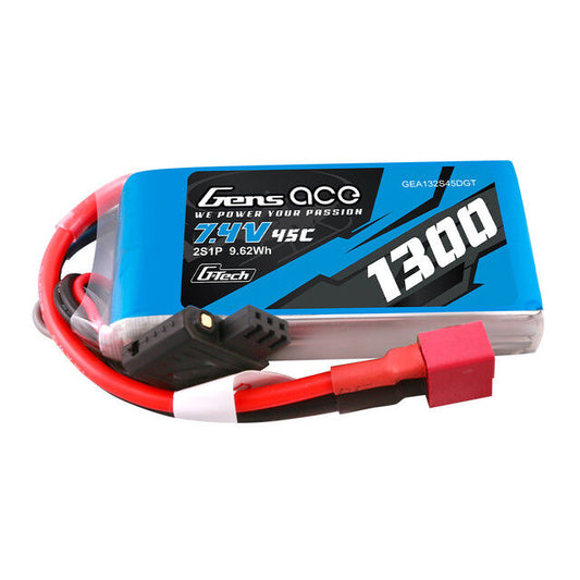 Gens ace 1300mAh 2S 7.4V 45C G-tech Lipo Battery Pack with Deans Plug