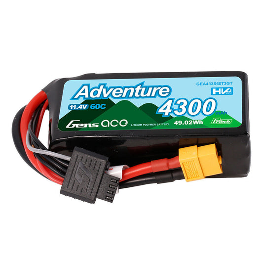 Gens ace 4300mAh 3S 60C 11.4V Adventure High Voltage G-tech Lipo Battery with Deans and XT60 adapter
